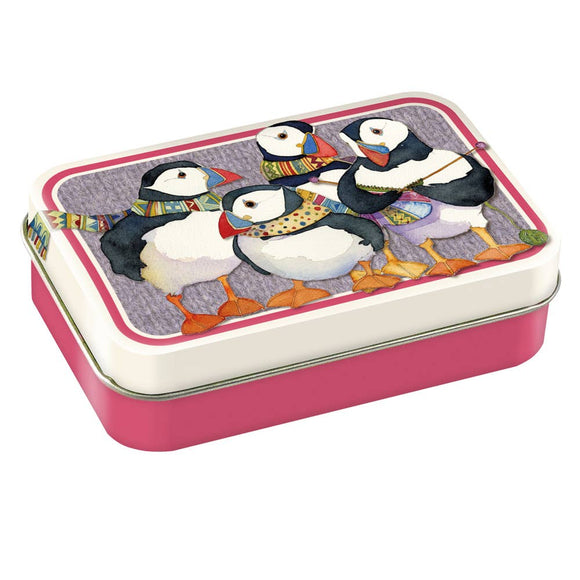 Knitting Puffins . Mini Hinged Tin