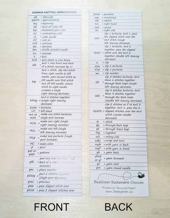 Knitting Abbreviations Bookmark